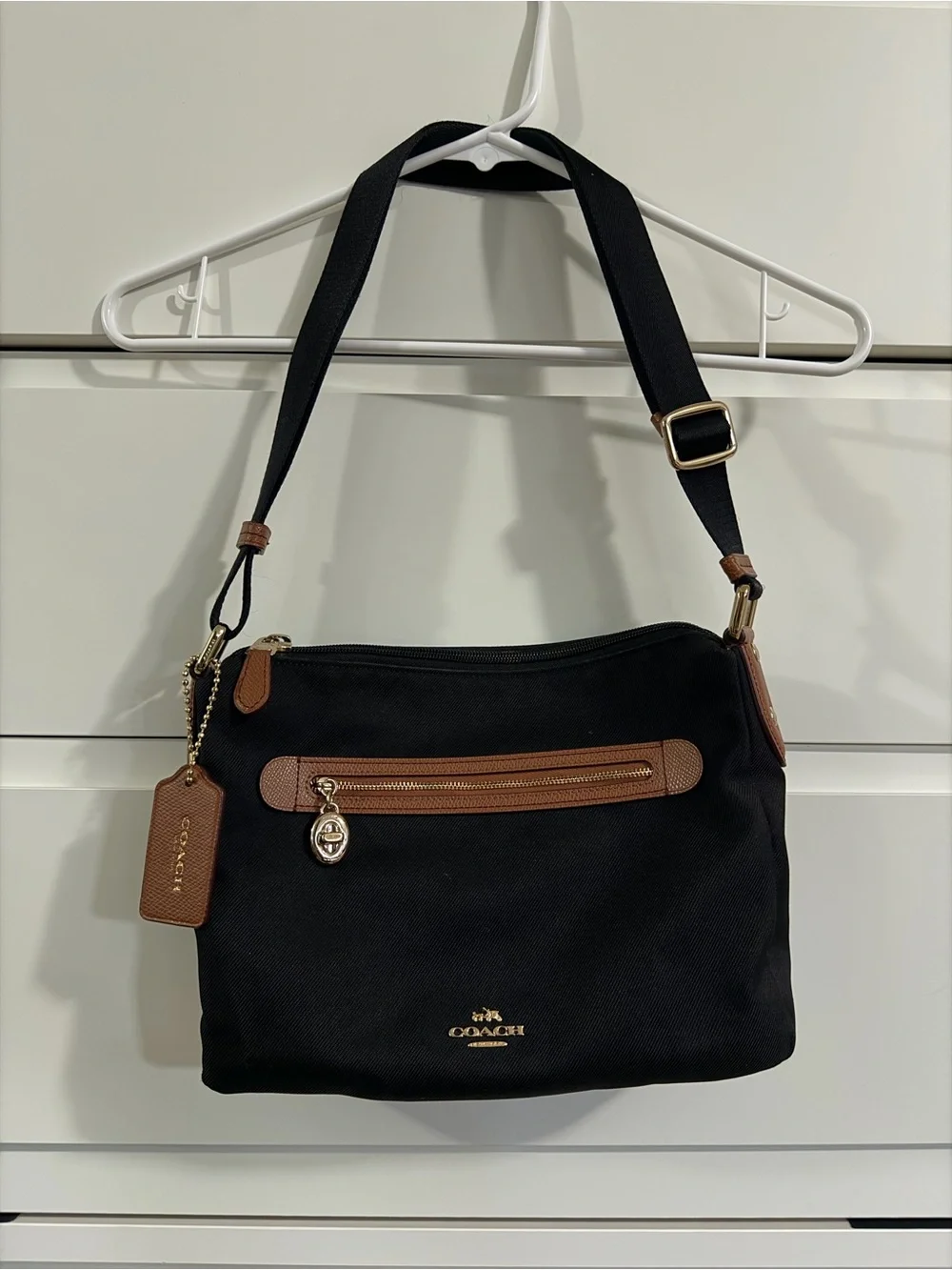 Coach Black Nylon Crossbody with Brown Leather Accents and Gold Hardware
